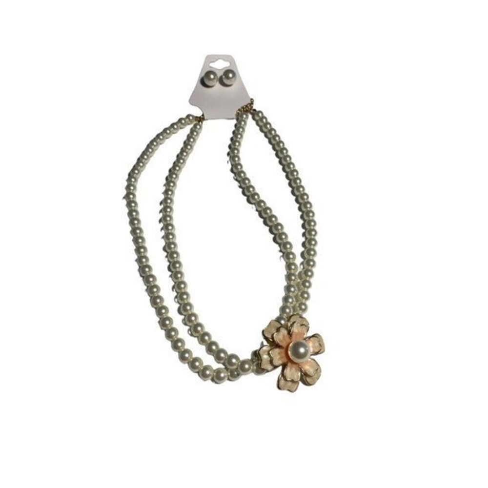 Faux Pearl‎ Flower Necklace Earring Set Womens White Floral
